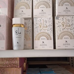 Sara White Eau de Parfum Bottle and Box – White with Gold Accents